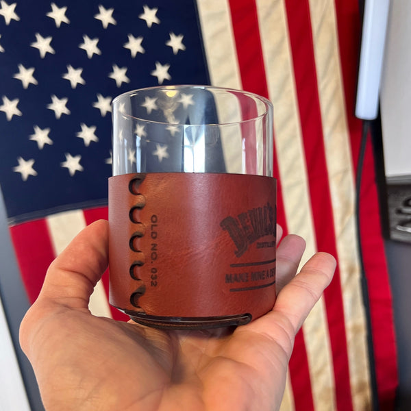 Leather wrapped whiskey rocks glass
